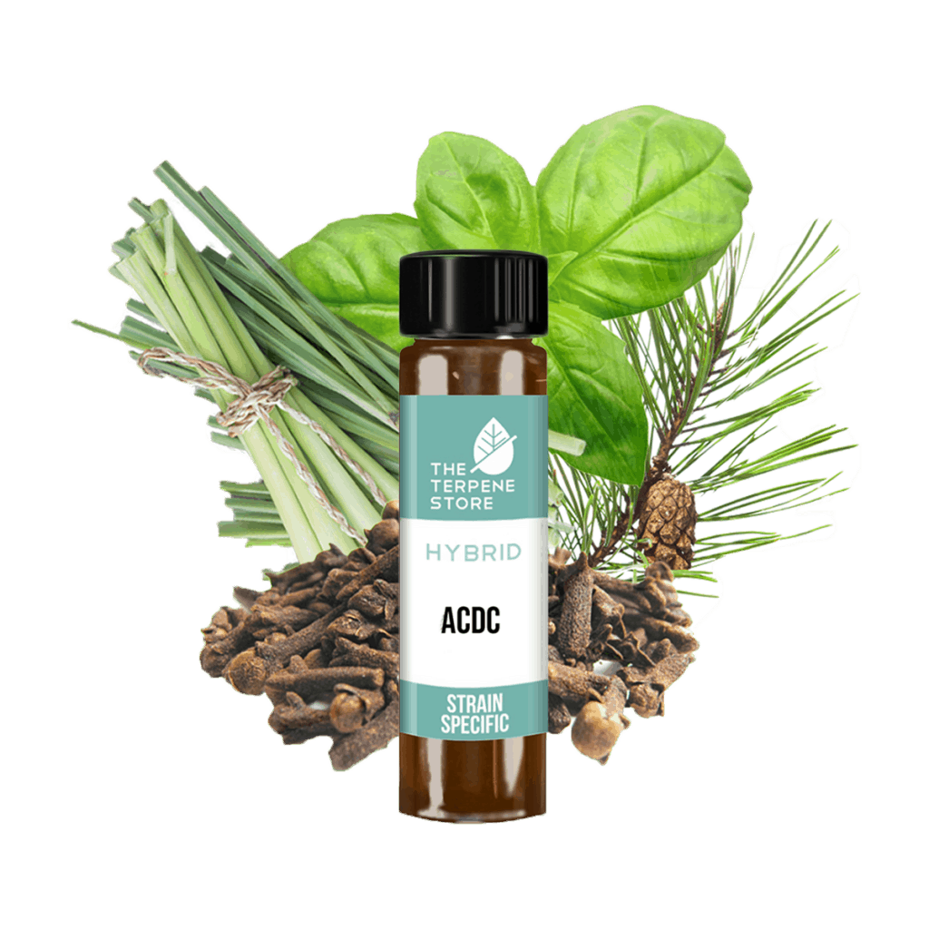 A bottle of ACDC terpene flavor transposed in front of various plants