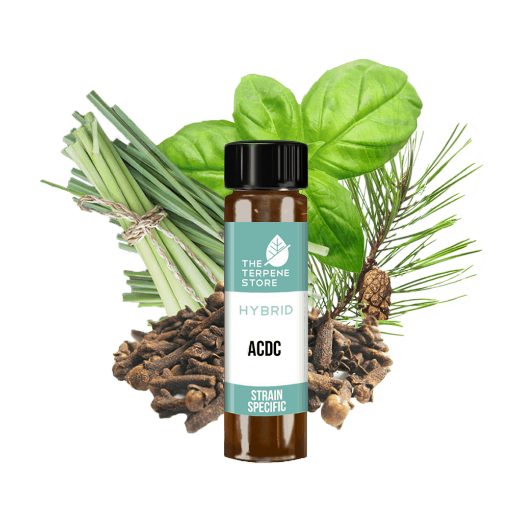 ACDC strain terpene bottle with dominant fragrance elements in the background